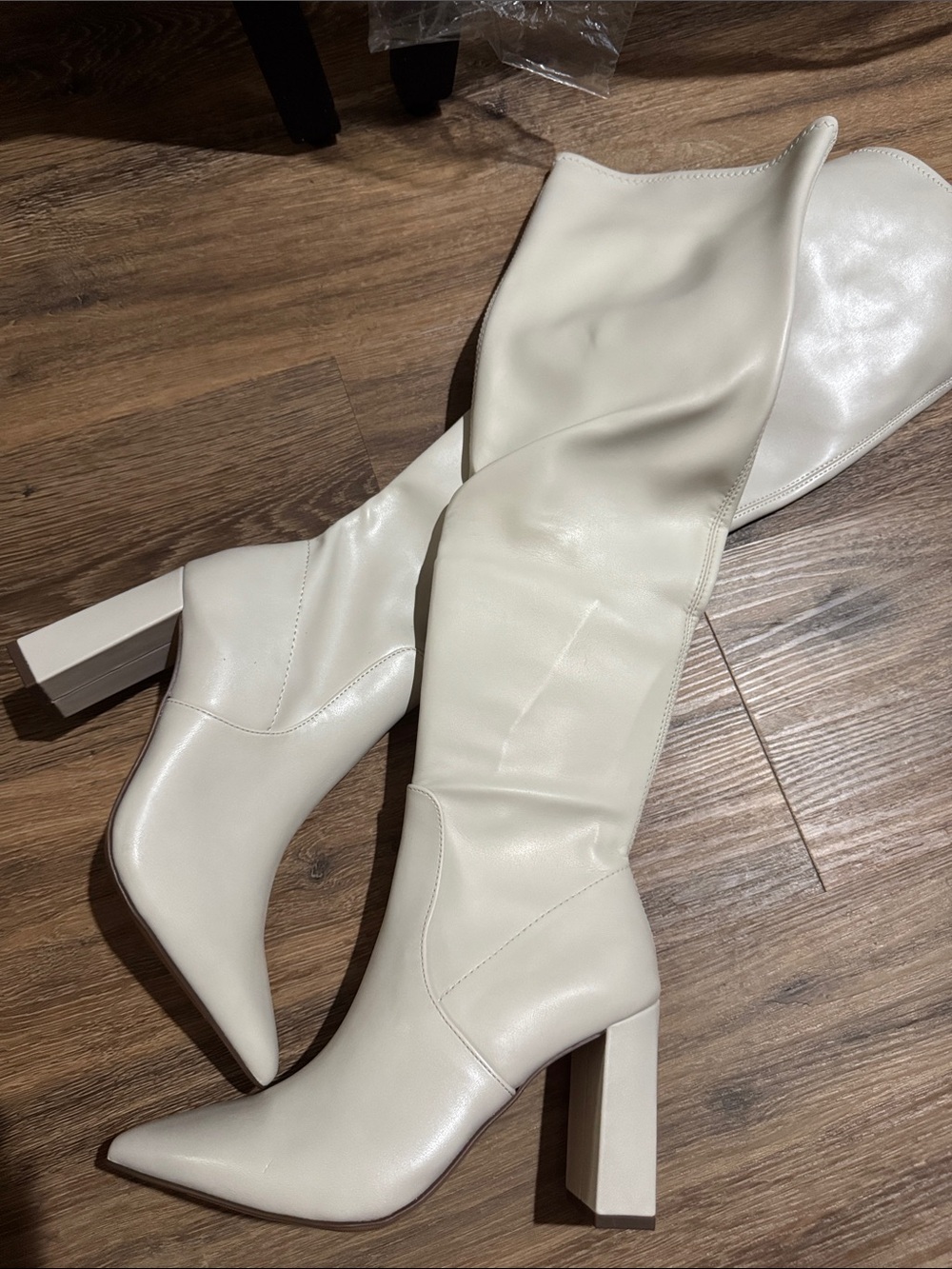 Women's Cream Knee-High Block Heel Boots